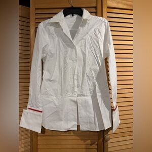 White Button-Up Shirt with Red Accents